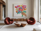 Bunch of Flowers by Farida Zaman. Shown as extra-large giant wall art in a modern living room. Available as an archival giclee rolled canvas, fine art paper, or poster print. SKU 81826a.