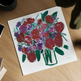 Burgundy Roses on White by Farida Zaman. Shown as a detailed flat fine art print, highlighting archival giclee quality. Available as an archival giclee rolled canvas, fine art paper, or poster print. SKU 51140a.