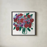 Burgundy Roses on White by Farida Zaman. Shown in a sleek black glass frame for a contemporary gallery look. Available as an archival giclee rolled canvas, fine art paper, or poster print. SKU 51140a.