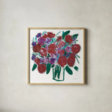 Burgundy Roses on White by Farida Zaman. Shown in a natural wood glass frame for a timeless modern aesthetic. Available as an archival giclee rolled canvas, fine art paper, or poster print. SKU 51140a.