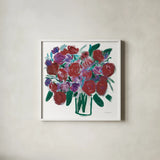 Burgundy Roses on White by Farida Zaman. Shown in a crisp white glass frame for a clean and minimalist style. Available as an archival giclee rolled canvas, fine art paper, or poster print. SKU 51140a.