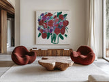 Burgundy Roses on White by Farida Zaman. Shown as extra-large giant wall art in a modern living room. Available as an archival giclee rolled canvas, fine art paper, or poster print. SKU 51140a.