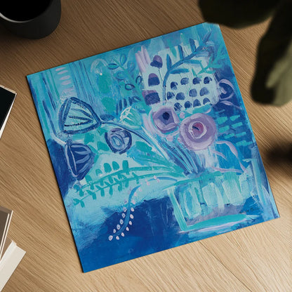 Burst of Blue by Farida Zaman. Shown as a detailed flat fine art print, highlighting archival giclee quality. Available as an archival giclee rolled canvas, fine art paper, or poster print. SKU 44835a.