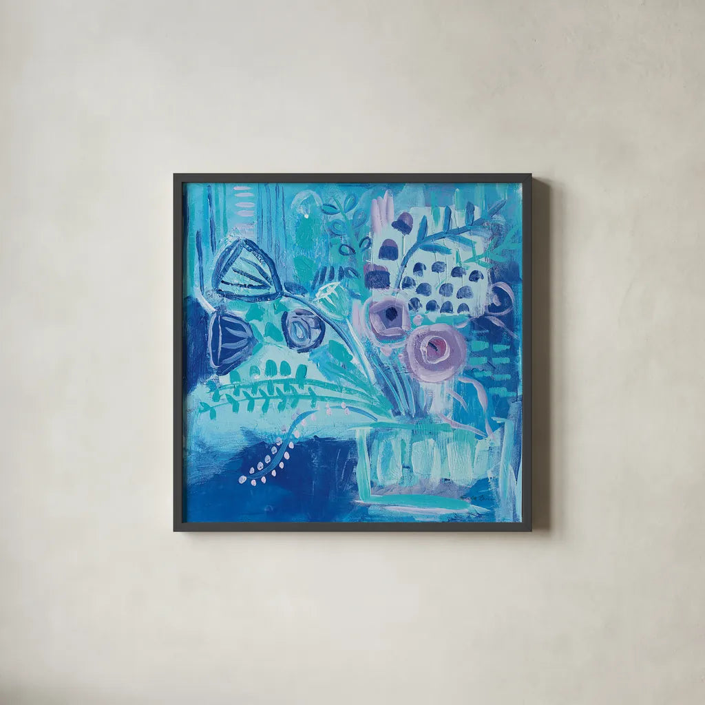 Burst of Blue by Farida Zaman. Shown in a sleek black glass frame for a contemporary gallery look. Available as an archival giclee rolled canvas, fine art paper, or poster print. SKU 44835a.