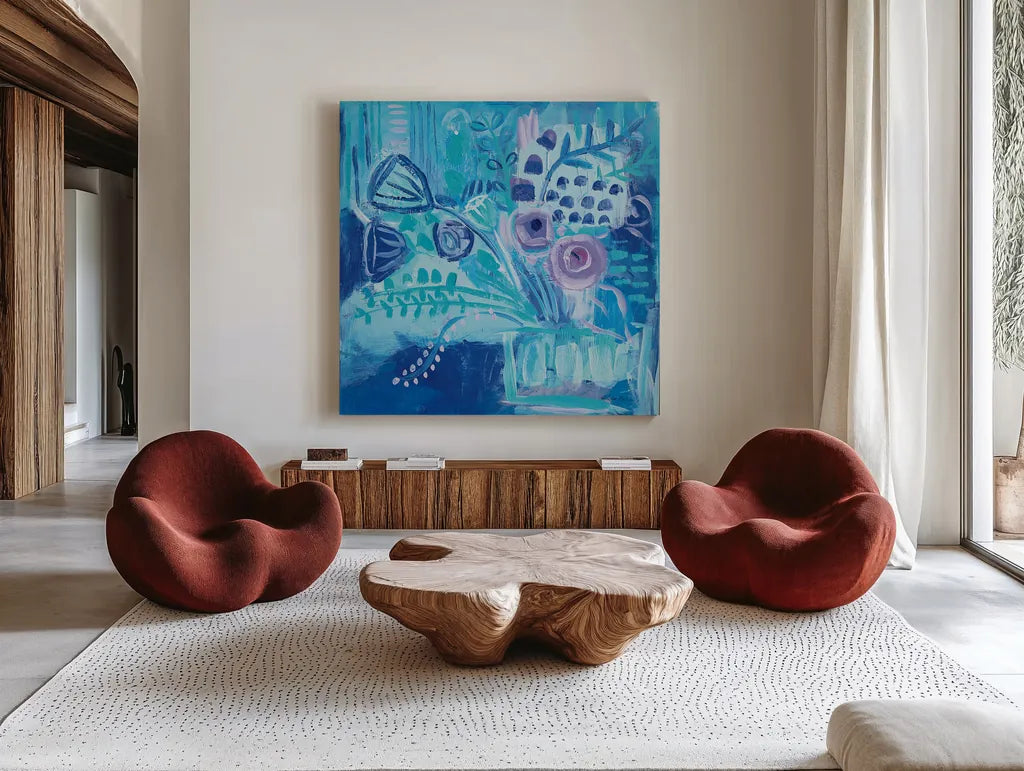 Burst of Blue by Farida Zaman. Shown as extra-large giant wall art in a modern living room. Available as an archival giclee rolled canvas, fine art paper, or poster print. SKU 44835a.