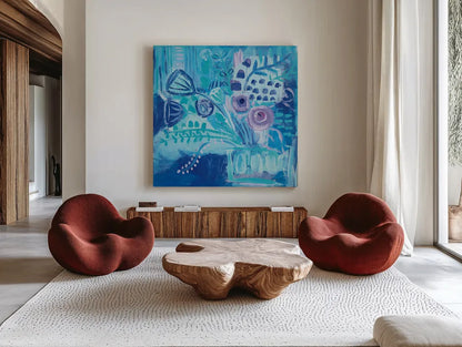 Burst of Blue by Farida Zaman. Shown as extra-large giant wall art in a modern living room. Available as an archival giclee rolled canvas, fine art paper, or poster print. SKU 44835a.