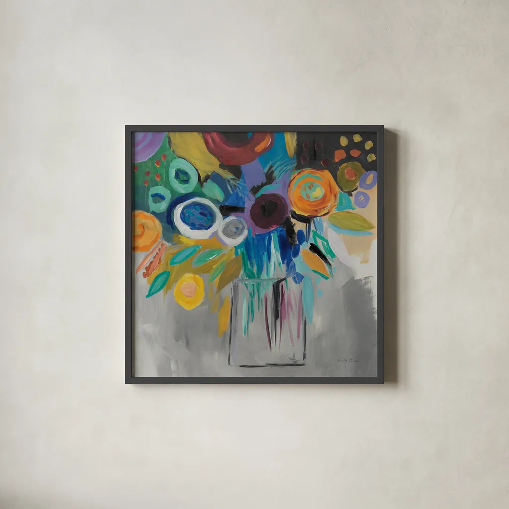 Burst of Magic by Farida Zaman. Shown in a sleek black glass frame for a contemporary gallery look. Available as an archival giclee rolled canvas, fine art paper, or poster print. SKU 32157a.
