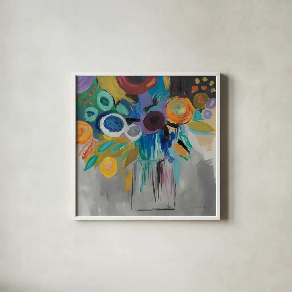 Burst of Magic by Farida Zaman. Shown in a crisp white glass frame for a clean and minimalist style. Available as an archival giclee rolled canvas, fine art paper, or poster print. SKU 32157a.