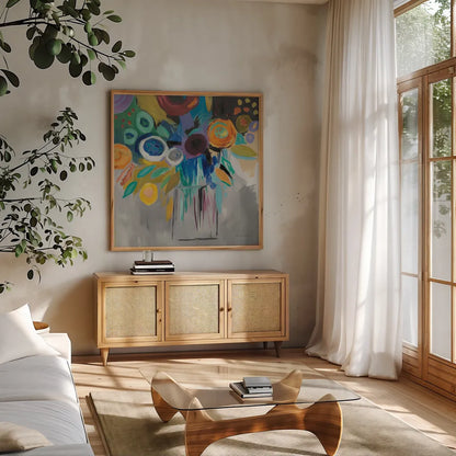 Burst of Magic by Farida Zaman. Shown in a natural wood frame in a cozy modern living room. Available as an archival giclee rolled canvas, fine art paper, or poster print. SKU 32157a.