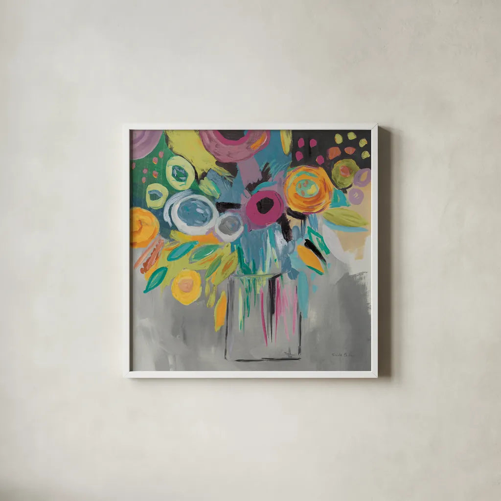 Burst of Magic Autumn by Farida Zaman. Shown in a crisp white glass frame for a clean and minimalist style. Available as an archival giclee rolled canvas, fine art paper, or poster print. SKU 36200a.