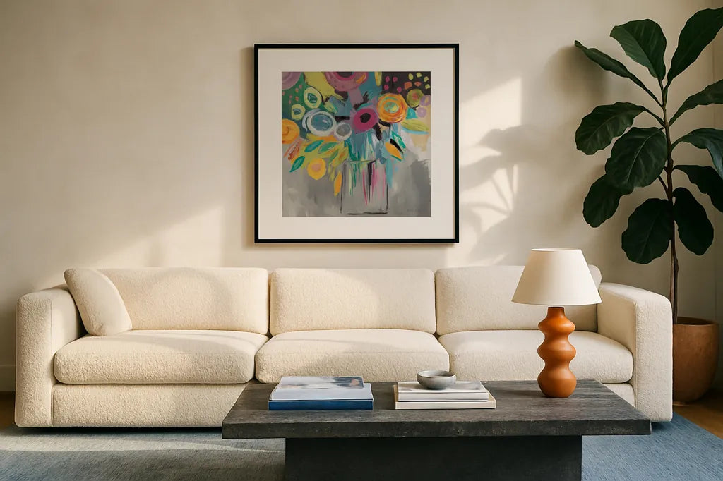 Burst of Magic Autumn by Farida Zaman. Displayed in a glass frame with matte in a clean modern living room. Available as an archival giclee rolled canvas, fine art paper, or poster print. SKU 36200a.