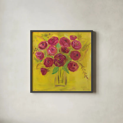 Burst of Poppies by Farida Zaman. Shown in a sleek black glass frame for a contemporary gallery look. Available as an archival giclee rolled canvas, fine art paper, or poster print. SKU 32162a.