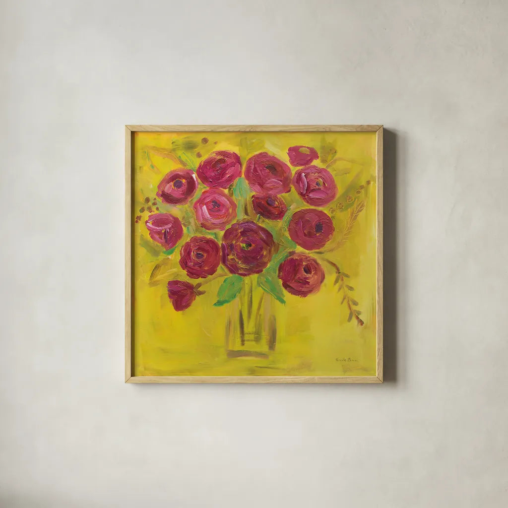 Burst of Poppies by Farida Zaman. Shown in a natural wood glass frame for a timeless modern aesthetic. Available as an archival giclee rolled canvas, fine art paper, or poster print. SKU 32162a.