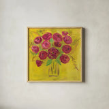 Burst of Poppies by Farida Zaman. Shown in a natural wood glass frame for a timeless modern aesthetic. Available as an archival giclee rolled canvas, fine art paper, or poster print. SKU 32162a.