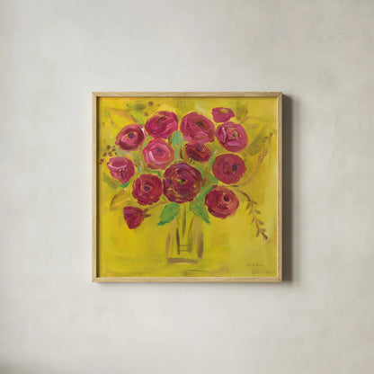 Burst of Poppies by Farida Zaman. Shown in a natural wood glass frame for a timeless modern aesthetic. Available as an archival giclee rolled canvas, fine art paper, or poster print. SKU 32162a.