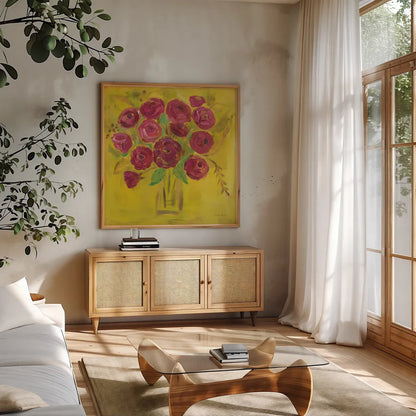 Burst of Poppies by Farida Zaman. Shown in a natural wood frame in a cozy modern living room. Available as an archival giclee rolled canvas, fine art paper, or poster print. SKU 32162a.