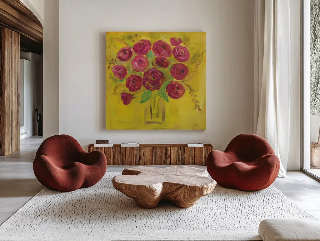 Burst of Poppies by Farida Zaman. Shown as extra-large giant wall art in a modern living room. Available as an archival giclee rolled canvas, fine art paper, or poster print. SKU 32162a.