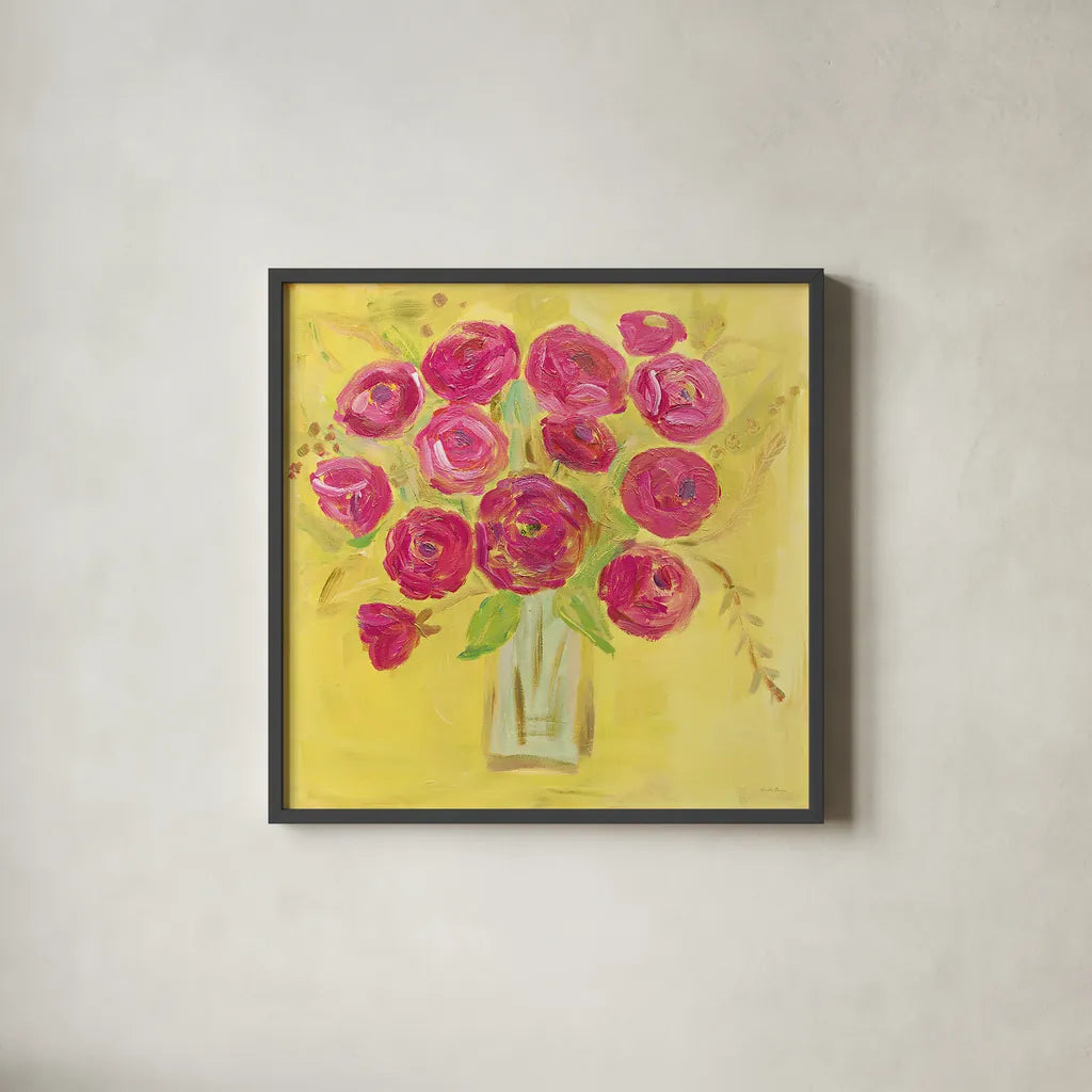 Burst of Poppies Bright by Farida Zaman. Shown in a sleek black glass frame for a contemporary gallery look. Available as an archival giclee rolled canvas, fine art paper, or poster print. SKU 33858a.
