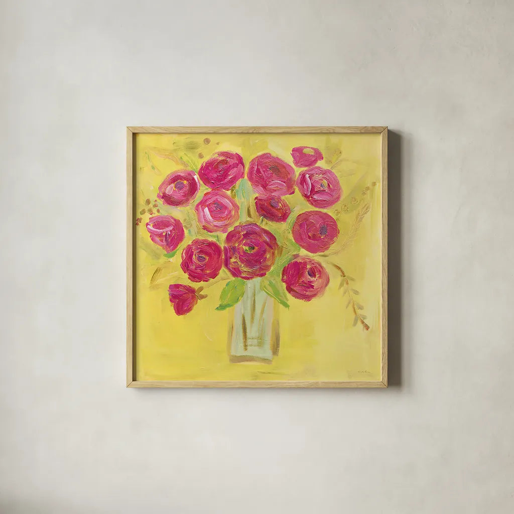 Burst of Poppies Bright by Farida Zaman. Shown in a natural wood glass frame for a timeless modern aesthetic. Available as an archival giclee rolled canvas, fine art paper, or poster print. SKU 33858a.