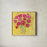 Burst of Poppies Bright by Farida Zaman. Shown in a natural wood glass frame for a timeless modern aesthetic. Available as an archival giclee rolled canvas, fine art paper, or poster print. SKU 33858a.