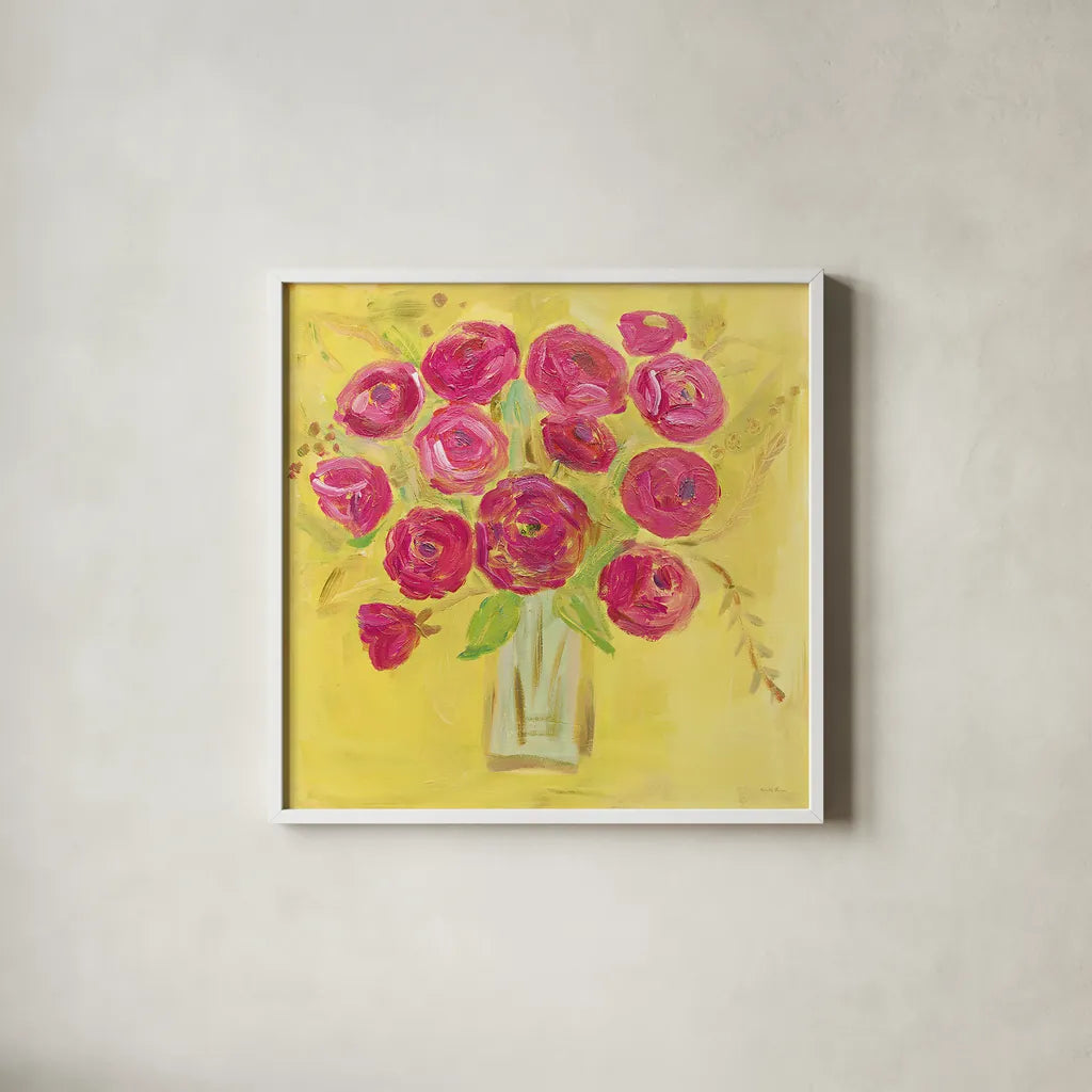 Burst of Poppies Bright by Farida Zaman. Shown in a crisp white glass frame for a clean and minimalist style. Available as an archival giclee rolled canvas, fine art paper, or poster print. SKU 33858a.