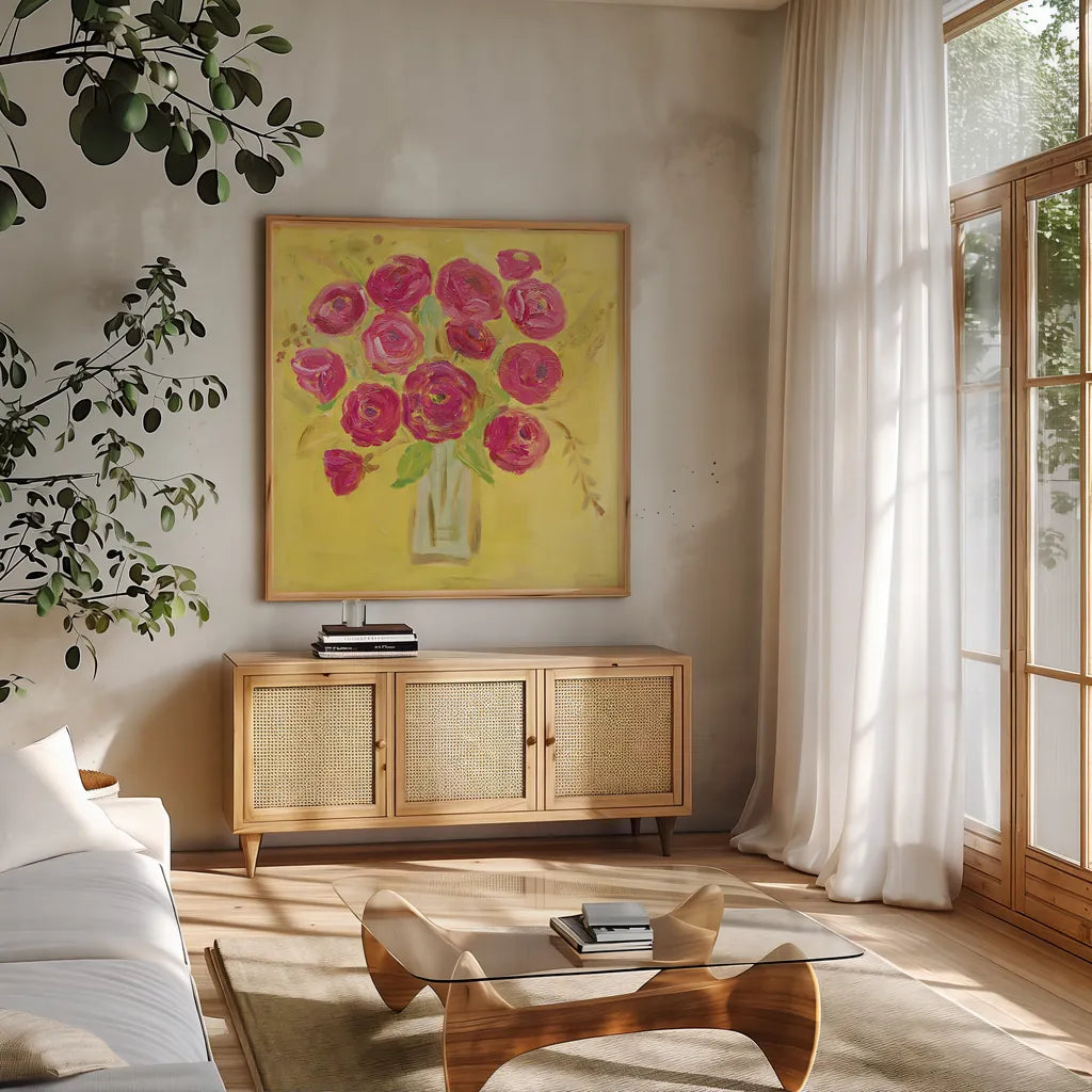 Burst of Poppies Bright by Farida Zaman. Shown in a natural wood frame in a cozy modern living room. Available as an archival giclee rolled canvas, fine art paper, or poster print. SKU 33858a.