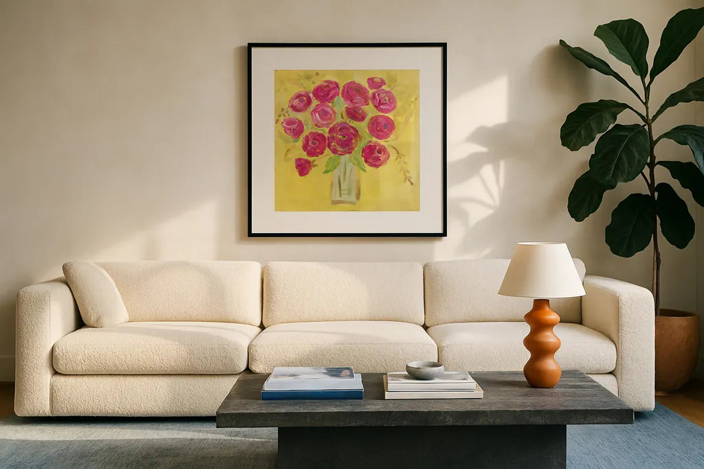 Burst of Poppies Bright by Farida Zaman. Displayed in a glass frame with matte in a clean modern living room. Available as an archival giclee rolled canvas, fine art paper, or poster print. SKU 33858a.