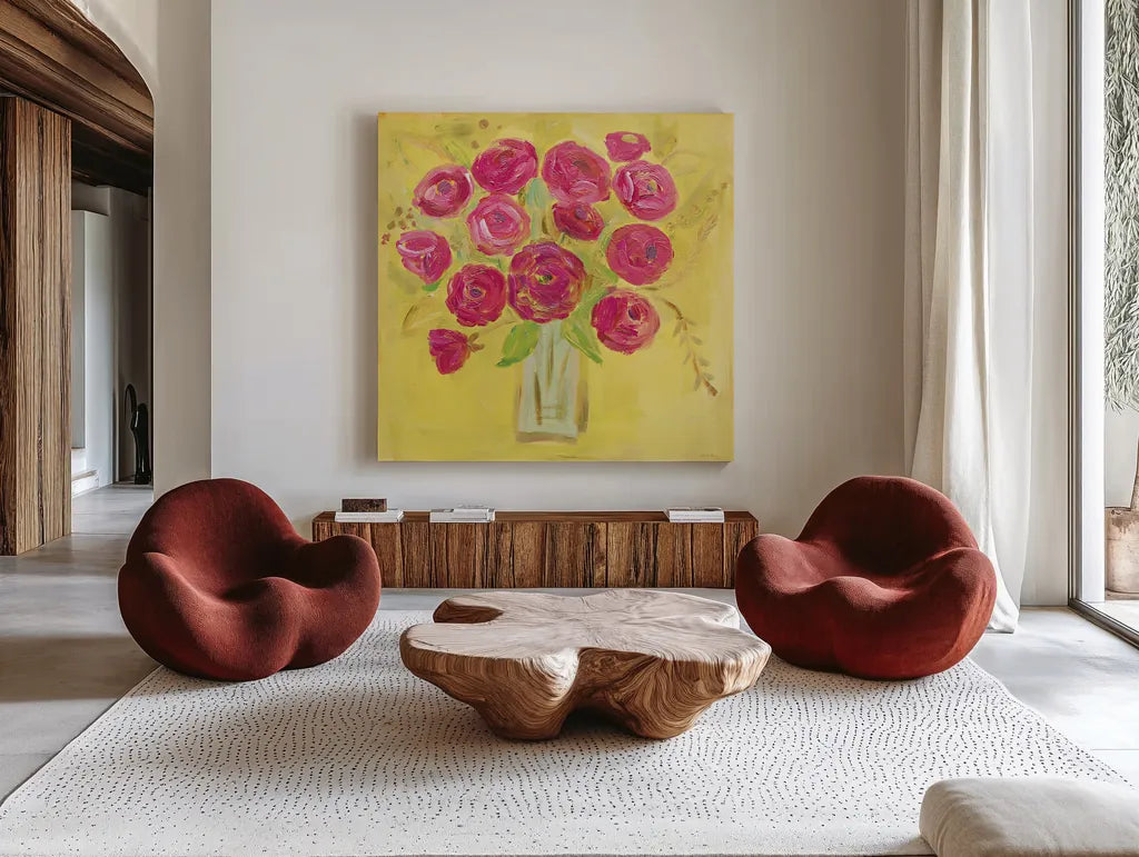 Burst of Poppies Bright by Farida Zaman. Shown as extra-large giant wall art in a modern living room. Available as an archival giclee rolled canvas, fine art paper, or poster print. SKU 33858a.