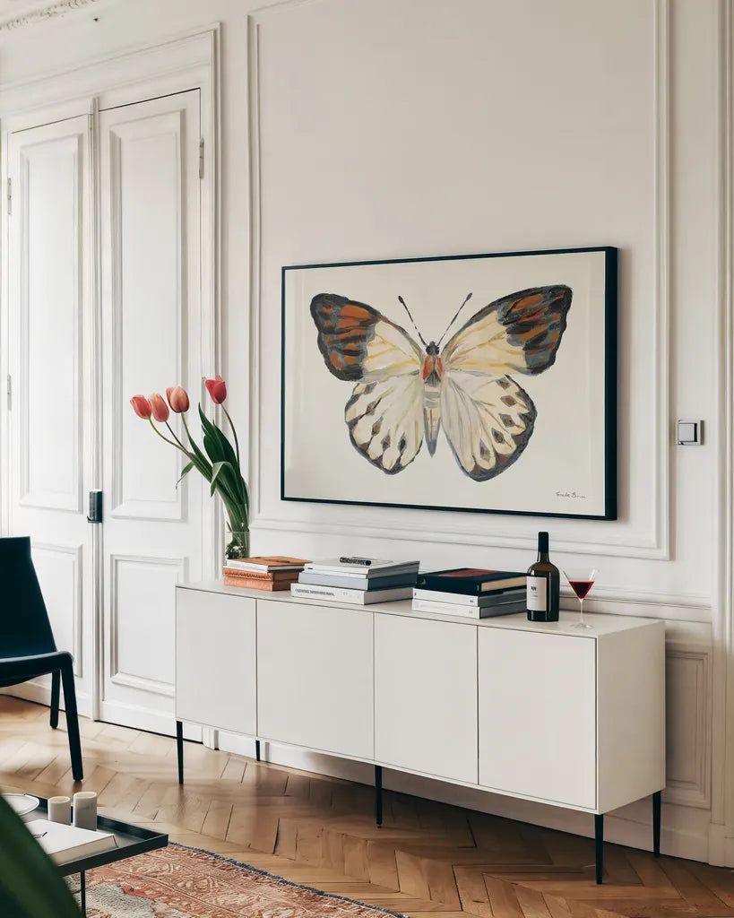 Butterfly Study I by Farida Zaman. shown as a framed stretched canvas in a living room above a console. Available as a archival giclee rolled canvas, fine art paper, or poster print. SKU 74460i.