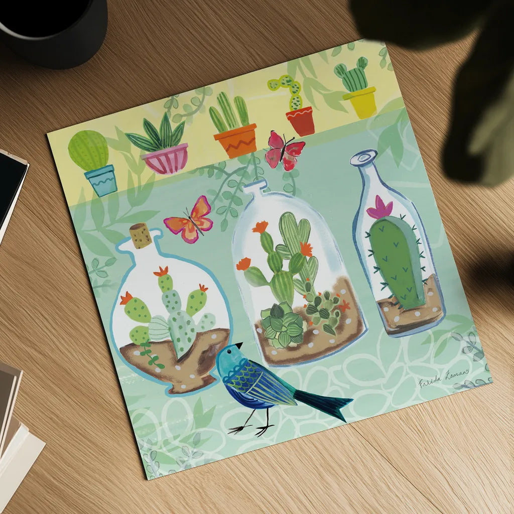 Cacti Garden I by Farida Zaman. Shown as a detailed flat fine art print, highlighting archival giclee quality. Available as an archival giclee rolled canvas, fine art paper, or poster print. SKU 33100a.