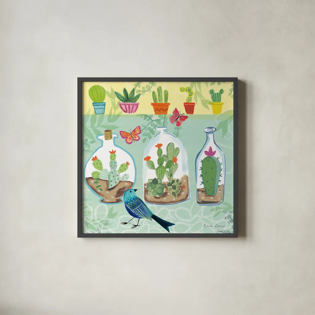 Cacti Garden I by Farida Zaman. Shown in a sleek black glass frame for a contemporary gallery look. Available as an archival giclee rolled canvas, fine art paper, or poster print. SKU 33100a.
