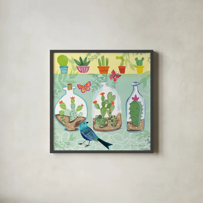 Cacti Garden I by Farida Zaman. Shown in a sleek black glass frame for a contemporary gallery look. Available as an archival giclee rolled canvas, fine art paper, or poster print. SKU 33100a.