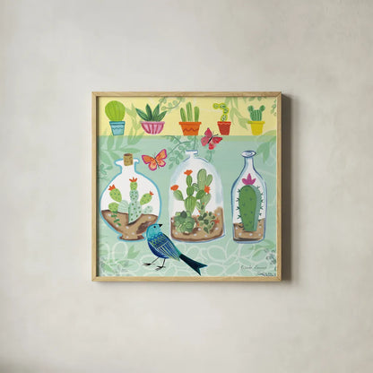 Cacti Garden I by Farida Zaman. Shown in a natural wood glass frame for a timeless modern aesthetic. Available as an archival giclee rolled canvas, fine art paper, or poster print. SKU 33100a.