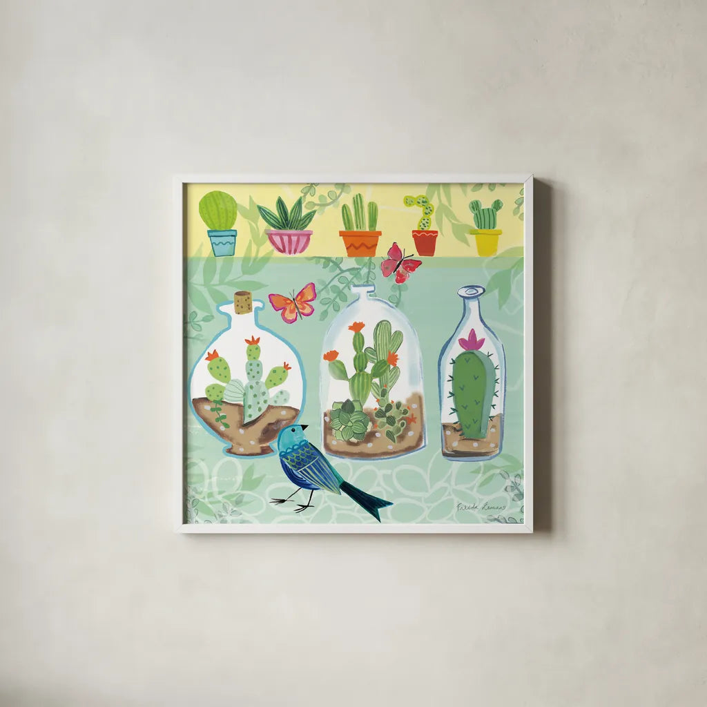 Cacti Garden I by Farida Zaman. Shown in a crisp white glass frame for a clean and minimalist style. Available as an archival giclee rolled canvas, fine art paper, or poster print. SKU 33100a.