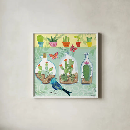 Cacti Garden I by Farida Zaman. Shown in a crisp white glass frame for a clean and minimalist style. Available as an archival giclee rolled canvas, fine art paper, or poster print. SKU 33100a.