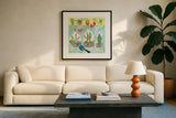 Cacti Garden I by Farida Zaman. Displayed in a glass frame with matte in a clean modern living room. Available as an archival giclee rolled canvas, fine art paper, or poster print. SKU 33100a.