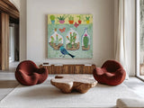 Cacti Garden I by Farida Zaman. Shown as extra-large giant wall art in a modern living room. Available as an archival giclee rolled canvas, fine art paper, or poster print. SKU 33100a.