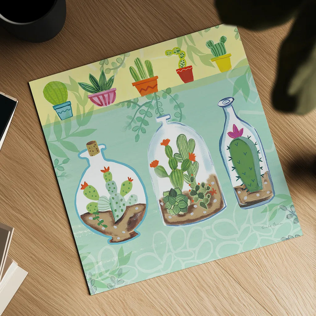 Cacti Garden I no Birds and Butterflies by Farida Zaman. Shown as a detailed flat fine art print, highlighting archival giclee quality. Available as an archival giclee rolled canvas, fine art paper, or poster print. SKU 34182a.