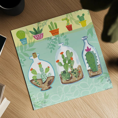 Cacti Garden I no Birds and Butterflies by Farida Zaman. Shown as a detailed flat fine art print, highlighting archival giclee quality. Available as an archival giclee rolled canvas, fine art paper, or poster print. SKU 34182a.