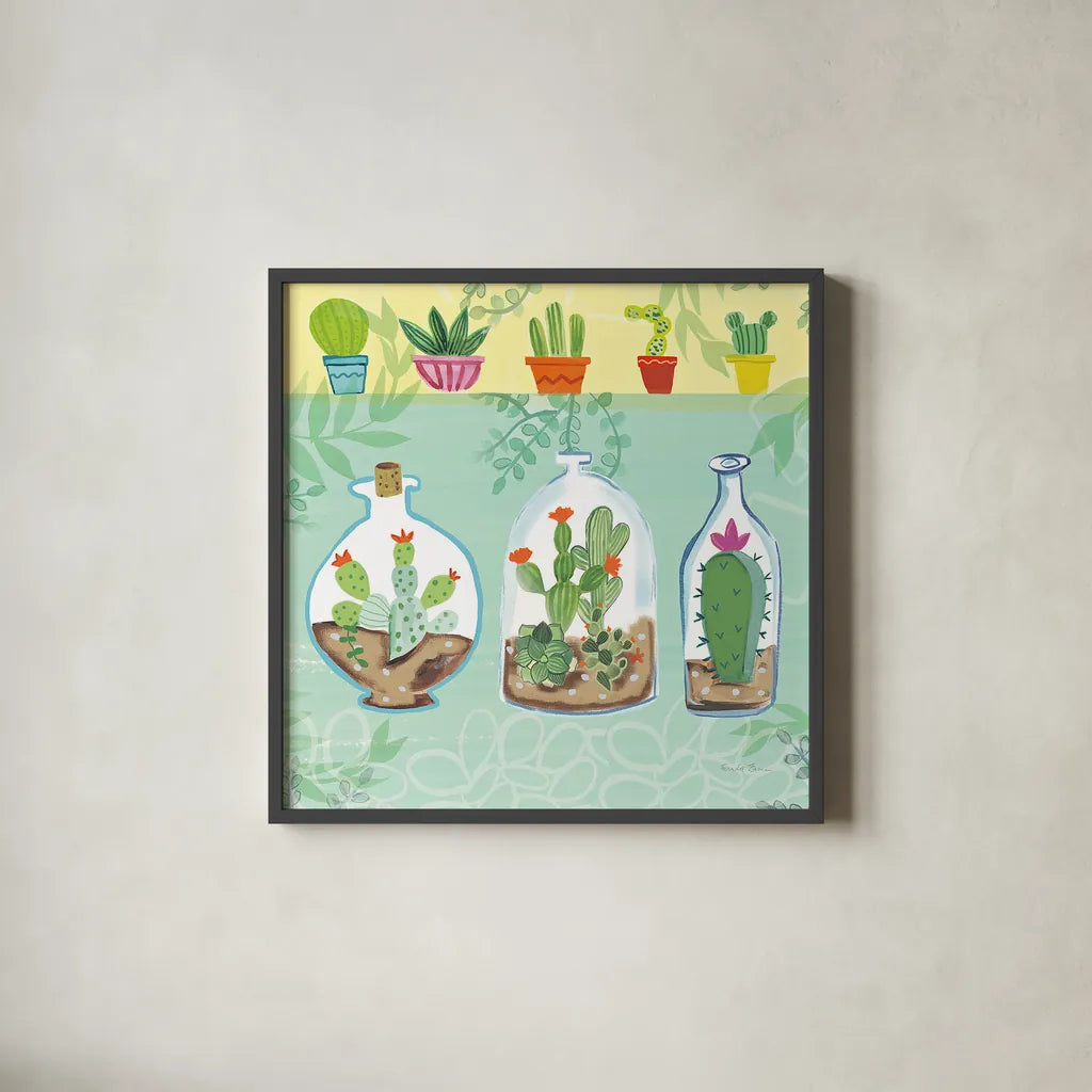 Cacti Garden I no Birds and Butterflies by Farida Zaman. Shown in a sleek black glass frame for a contemporary gallery look. Available as an archival giclee rolled canvas, fine art paper, or poster print. SKU 34182a.