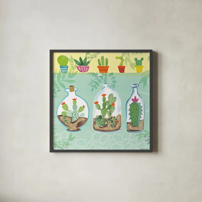 Cacti Garden I no Birds and Butterflies by Farida Zaman. Shown in a sleek black glass frame for a contemporary gallery look. Available as an archival giclee rolled canvas, fine art paper, or poster print. SKU 34182a.