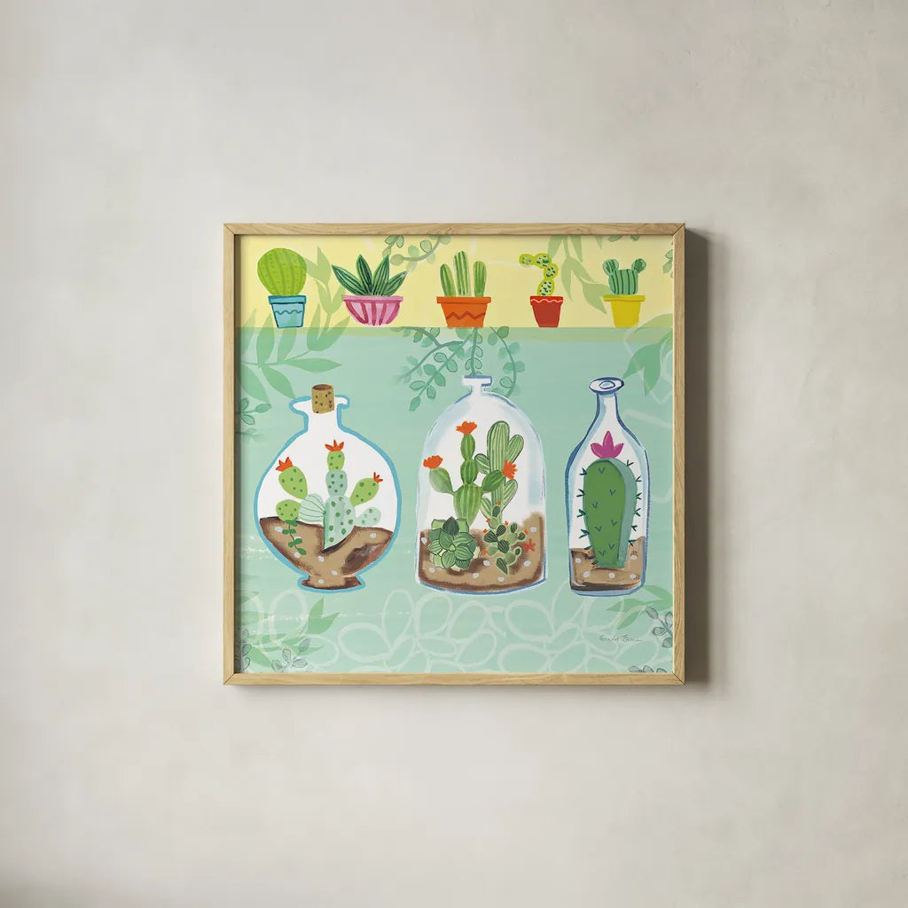 Cacti Garden I no Birds and Butterflies by Farida Zaman. Shown in a natural wood glass frame for a timeless modern aesthetic. Available as an archival giclee rolled canvas, fine art paper, or poster print. SKU 34182a.