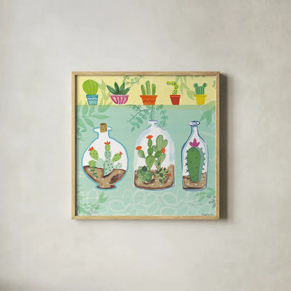 Cacti Garden I no Birds and Butterflies by Farida Zaman. Shown in a natural wood glass frame for a timeless modern aesthetic. Available as an archival giclee rolled canvas, fine art paper, or poster print. SKU 34182a.