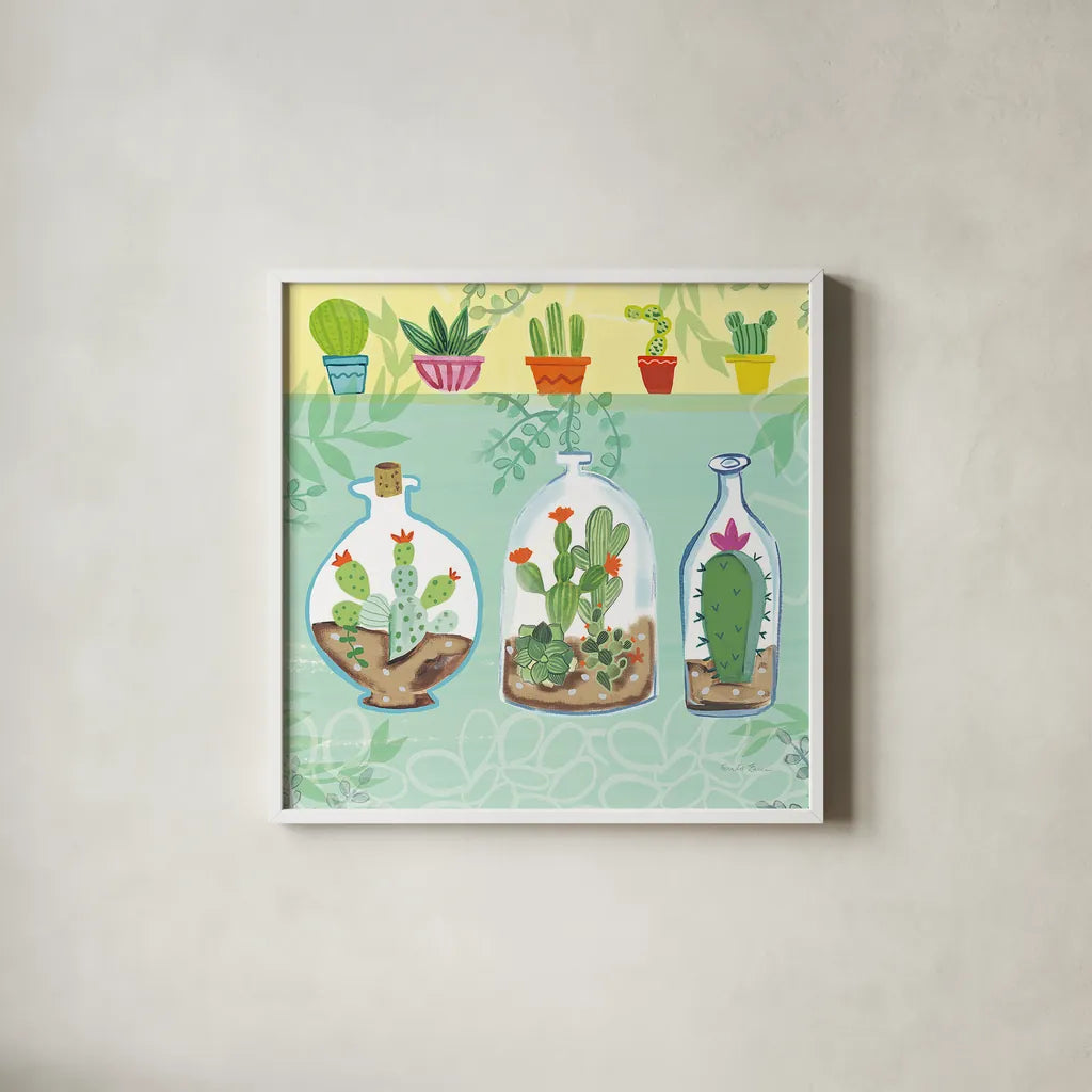 Cacti Garden I no Birds and Butterflies by Farida Zaman. Shown in a crisp white glass frame for a clean and minimalist style. Available as an archival giclee rolled canvas, fine art paper, or poster print. SKU 34182a.