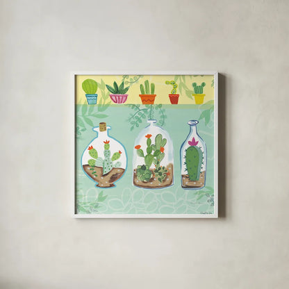 Cacti Garden I no Birds and Butterflies by Farida Zaman. Shown in a crisp white glass frame for a clean and minimalist style. Available as an archival giclee rolled canvas, fine art paper, or poster print. SKU 34182a.
