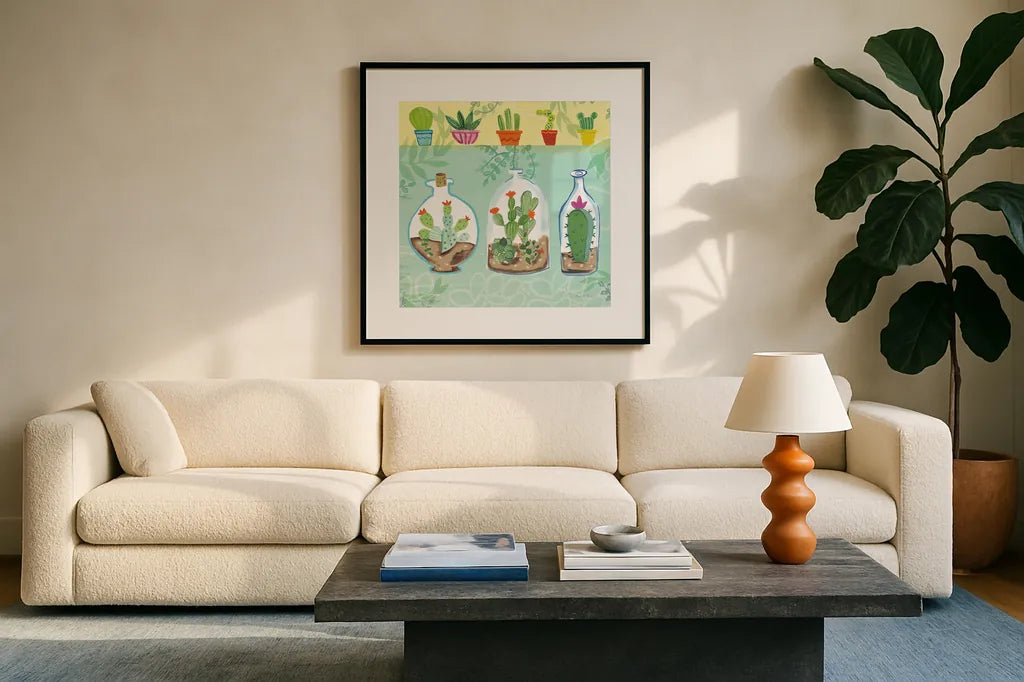 Cacti Garden I no Birds and Butterflies by Farida Zaman. Displayed in a glass frame with matte in a clean modern living room. Available as an archival giclee rolled canvas, fine art paper, or poster print. SKU 34182a.