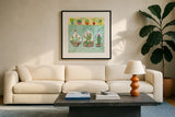 Cacti Garden I no Birds and Butterflies by Farida Zaman. Displayed in a glass frame with matte in a clean modern living room. Available as an archival giclee rolled canvas, fine art paper, or poster print. SKU 34182a.