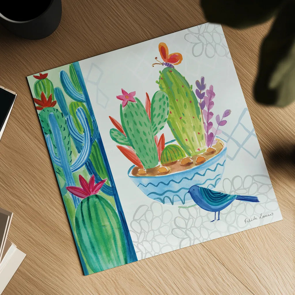 Cacti Garden II by Farida Zaman. Shown as a detailed flat fine art print, highlighting archival giclee quality. Available as an archival giclee rolled canvas, fine art paper, or poster print. SKU 33101a.
