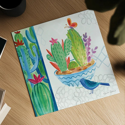 Cacti Garden II by Farida Zaman. Shown as a detailed flat fine art print, highlighting archival giclee quality. Available as an archival giclee rolled canvas, fine art paper, or poster print. SKU 33101a.