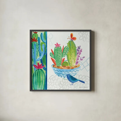 Cacti Garden II by Farida Zaman. Shown in a sleek black glass frame for a contemporary gallery look. Available as an archival giclee rolled canvas, fine art paper, or poster print. SKU 33101a.